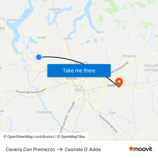 Cavaria Con Premezzo to Casirate D' Adda map