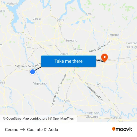 Cerano to Casirate D' Adda map