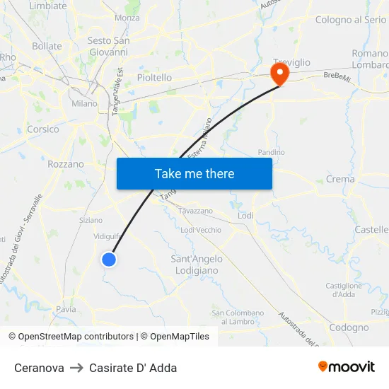 Ceranova to Casirate D' Adda map