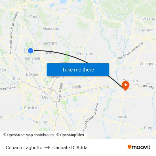 Ceriano Laghetto to Casirate D' Adda map