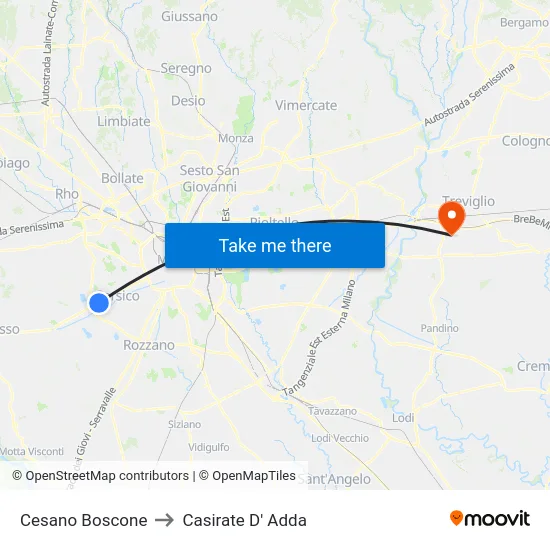 Cesano Boscone to Casirate D' Adda map