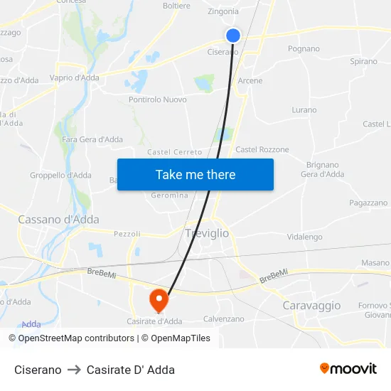 Ciserano to Casirate D' Adda map