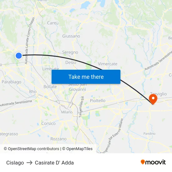 Cislago to Casirate D' Adda map