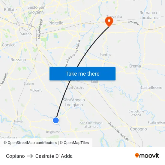 Copiano to Casirate D' Adda map