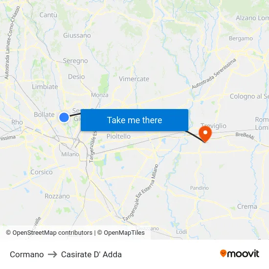 Cormano to Casirate D' Adda map
