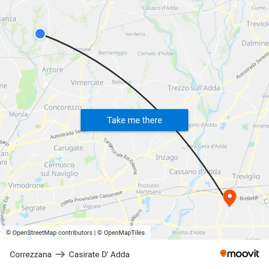 Correzzana to Casirate d'Adda map