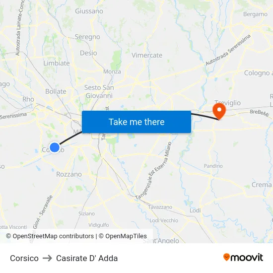 Corsico to Casirate D' Adda map