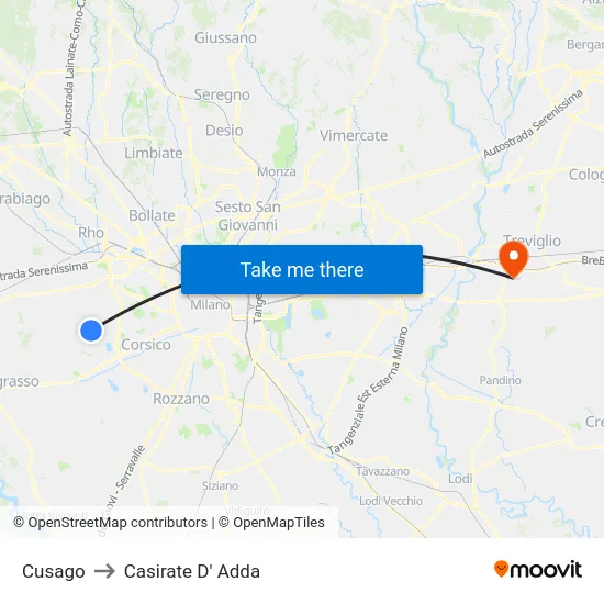 Cusago to Casirate D' Adda map