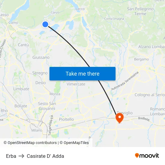 Erba to Casirate D' Adda map