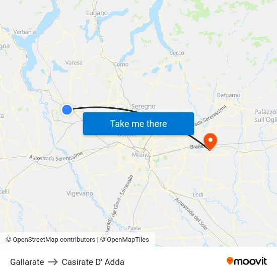 Gallarate to Casirate D' Adda map