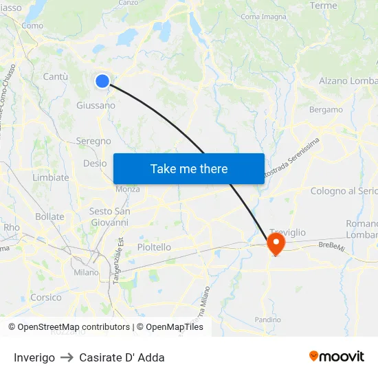Inverigo to Casirate d'Adda map