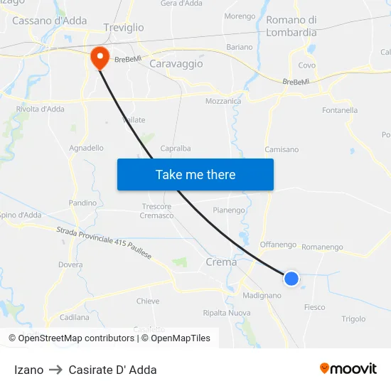 Izano to Casirate D' Adda map