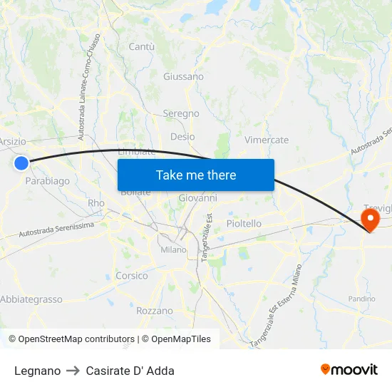 Legnano to Casirate D' Adda map