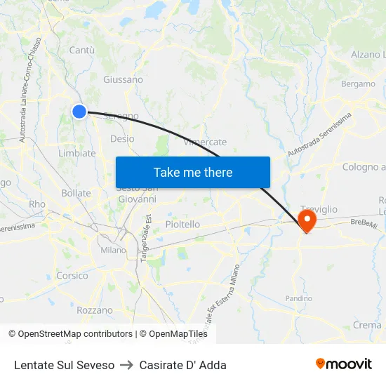 Lentate Sul Seveso to Casirate D' Adda map