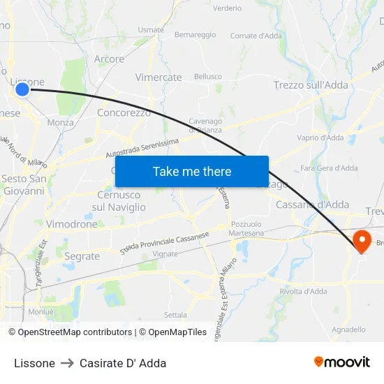 Lissone to Casirate D' Adda map