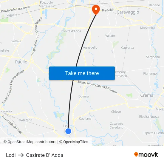 Lodi to Casirate D' Adda map