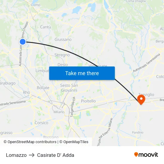 Lomazzo to Casirate D' Adda map