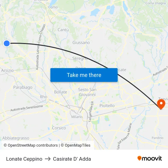 Lonate Ceppino to Casirate D' Adda map