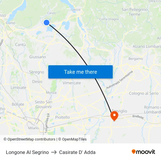 Longone Al Segrino to Casirate D' Adda map