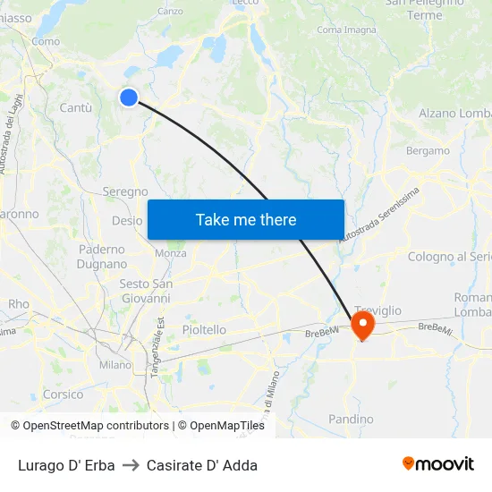 Lurago d'Erba to Casirate d'Adda map