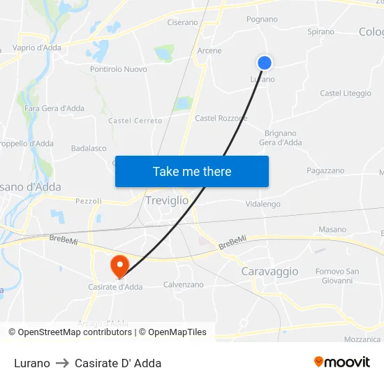 Lurano to Casirate D' Adda map