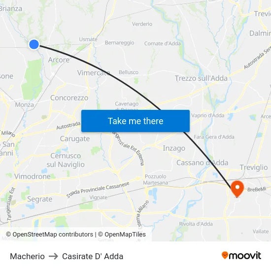 Macherio to Casirate D' Adda map