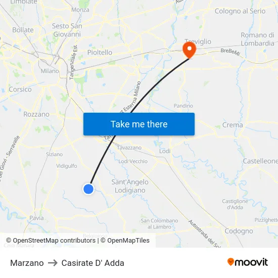 Marzano to Casirate D' Adda map