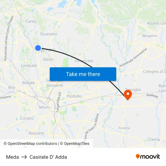 Meda to Casirate d'Adda map