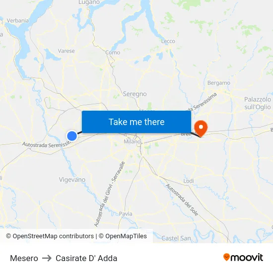 Mesero to Casirate d'Adda map