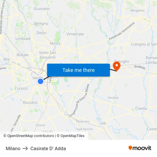 Milano to Casirate D' Adda map