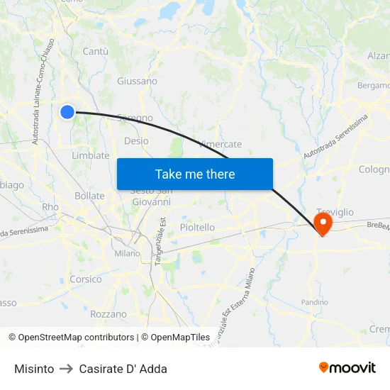 Misinto to Casirate D' Adda map
