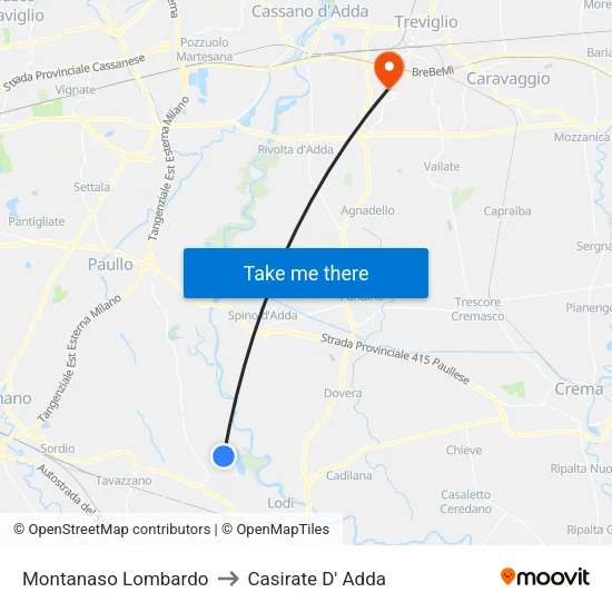 Montanaso Lombardo to Casirate D' Adda map