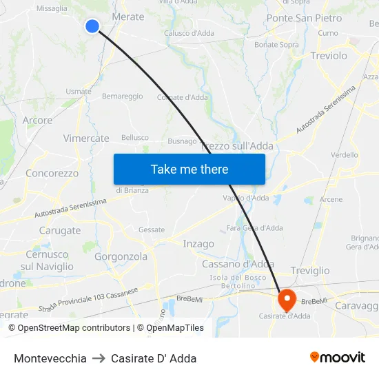 Montevecchia to Casirate d'Adda map