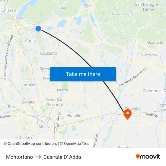 Montorfano to Casirate D' Adda map