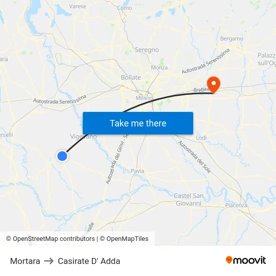 Mortara to Casirate D' Adda map