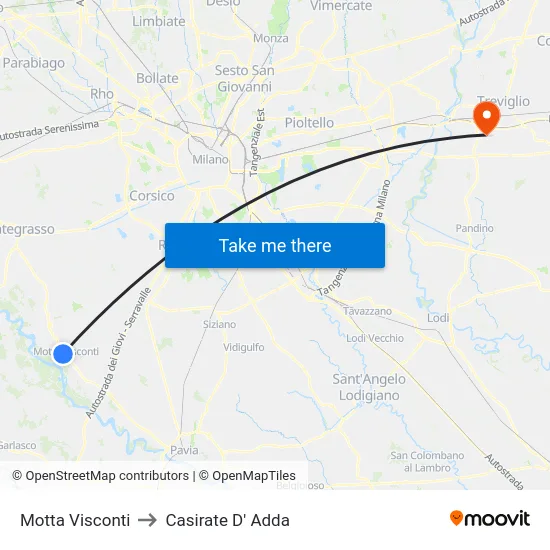 Motta Visconti to Casirate D' Adda map