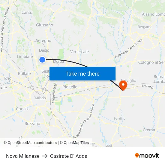 Nova Milanese to Casirate D' Adda map