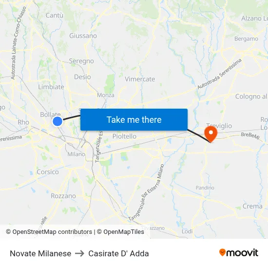 Novate Milanese to Casirate D' Adda map