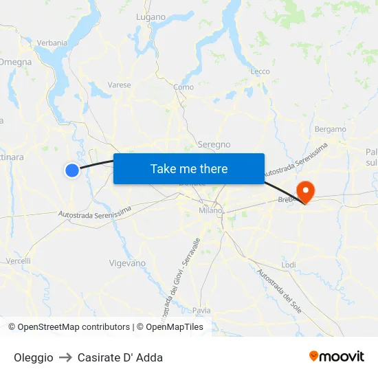 Oleggio to Casirate D' Adda map