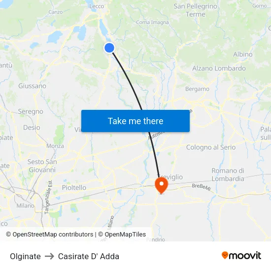 Olginate to Casirate D' Adda map