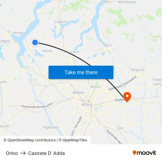 Orino to Casirate D' Adda map
