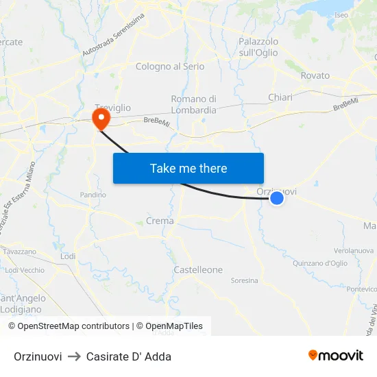 Orzinuovi to Casirate D' Adda map