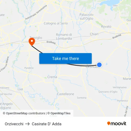 Orzivecchi to Casirate D' Adda map