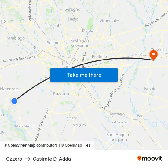 Ozzero to Casirate D' Adda map