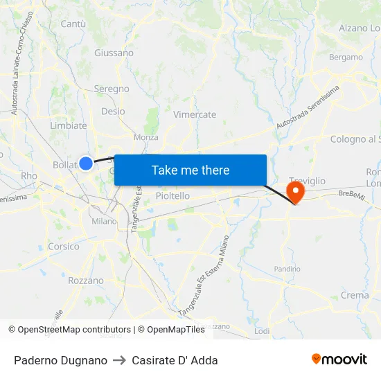 Paderno Dugnano to Casirate D' Adda map