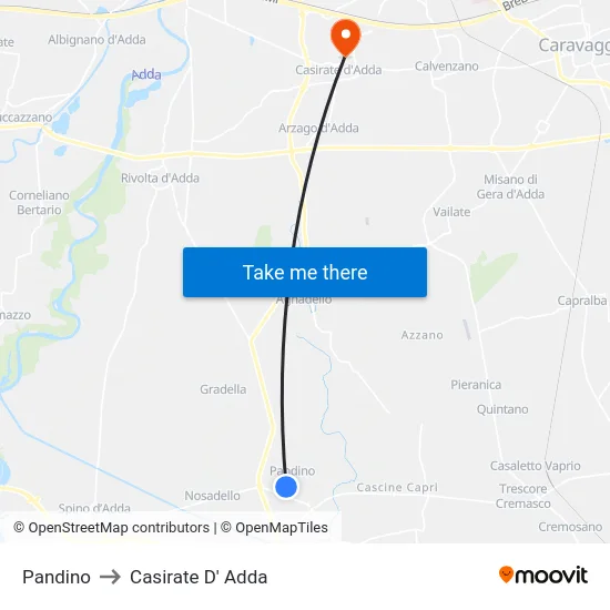 Pandino to Casirate D' Adda map