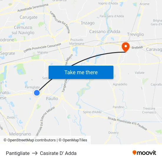 Pantigliate to Casirate D' Adda map