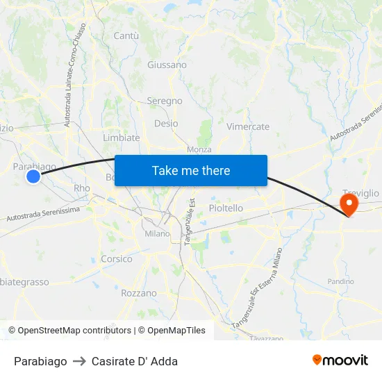 Parabiago to Casirate D' Adda map