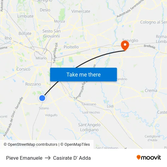 Pieve Emanuele to Casirate D' Adda map