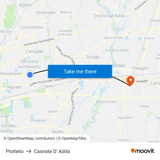Pioltello to Casirate D' Adda map